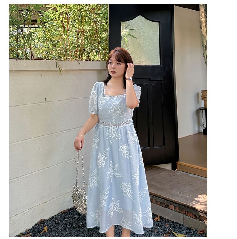 Plus Size Short-Sleeve Square Neck Floral Embroidered Midi A-Line Dress