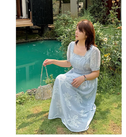 Plus Size Short-Sleeve Square Neck Floral Embroidered Midi A-Line Dress