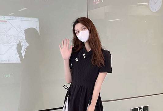 Short-Sleeve Two Tone Panel Midi A-Line Qipao