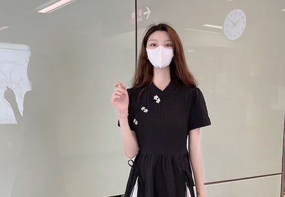 Short-Sleeve Two Tone Panel Midi A-Line Qipao