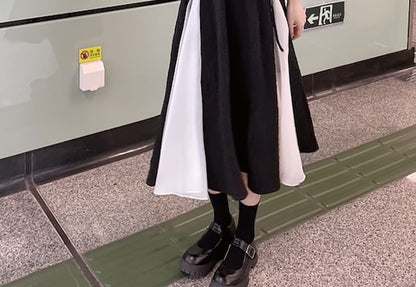 Short-Sleeve Two Tone Panel Midi A-Line Qipao