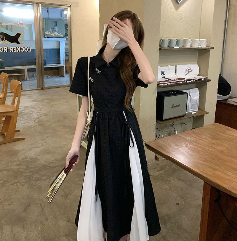 Short-Sleeve Two Tone Panel Midi A-Line Qipao