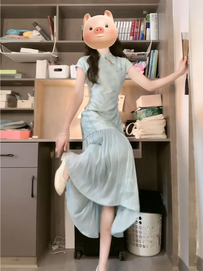 Short-Sleeve Floral Panel Midi A-Line Qipao