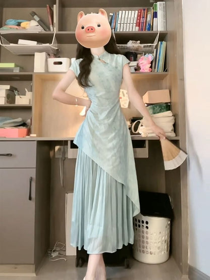 Short-Sleeve Floral Panel Midi A-Line Qipao