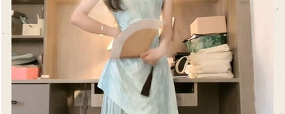 Short-Sleeve Floral Panel Midi A-Line Qipao