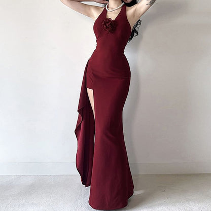 Halter V-Neck Plain Flower Accent Open Back Slit Mermaid Evening Dress