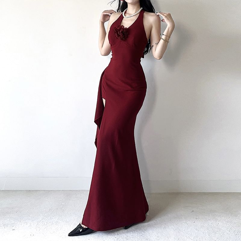 Halter V-Neck Plain Flower Accent Open Back Slit Mermaid Evening Dress