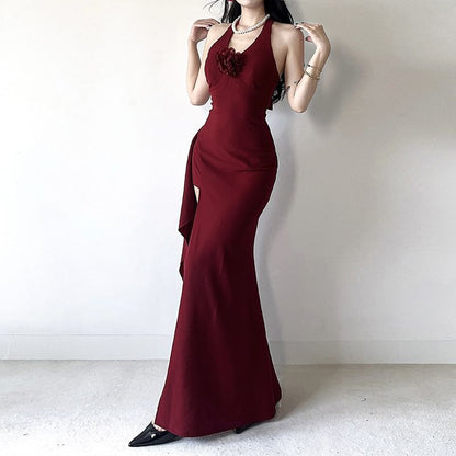 Halter V-Neck Plain Flower Accent Open Back Slit Mermaid Evening Dress