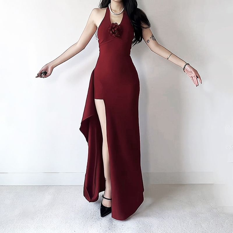 Halter V-Neck Plain Flower Accent Open Back Slit Mermaid Evening Dress