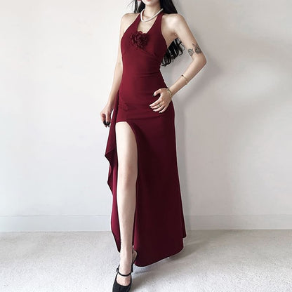 Halter V-Neck Plain Flower Accent Open Back Slit Mermaid Evening Dress