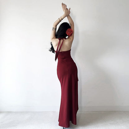 Halter V-Neck Plain Flower Accent Open Back Slit Mermaid Evening Dress