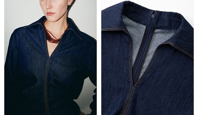 Denim Long-Sleeved Shirt / High-Rise Wide-Leg Jeans