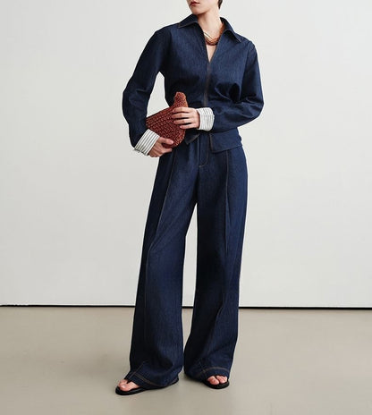 Denim Long-Sleeved Shirt / High-Rise Wide-Leg Jeans