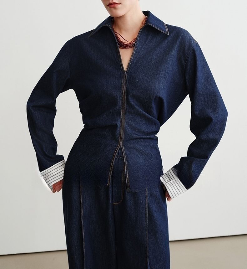 Denim Long-Sleeved Shirt / High-Rise Wide-Leg Jeans