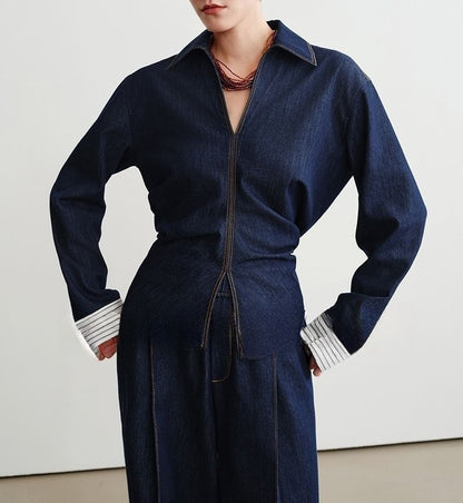 Denim Long-Sleeved Shirt / High-Rise Wide-Leg Jeans