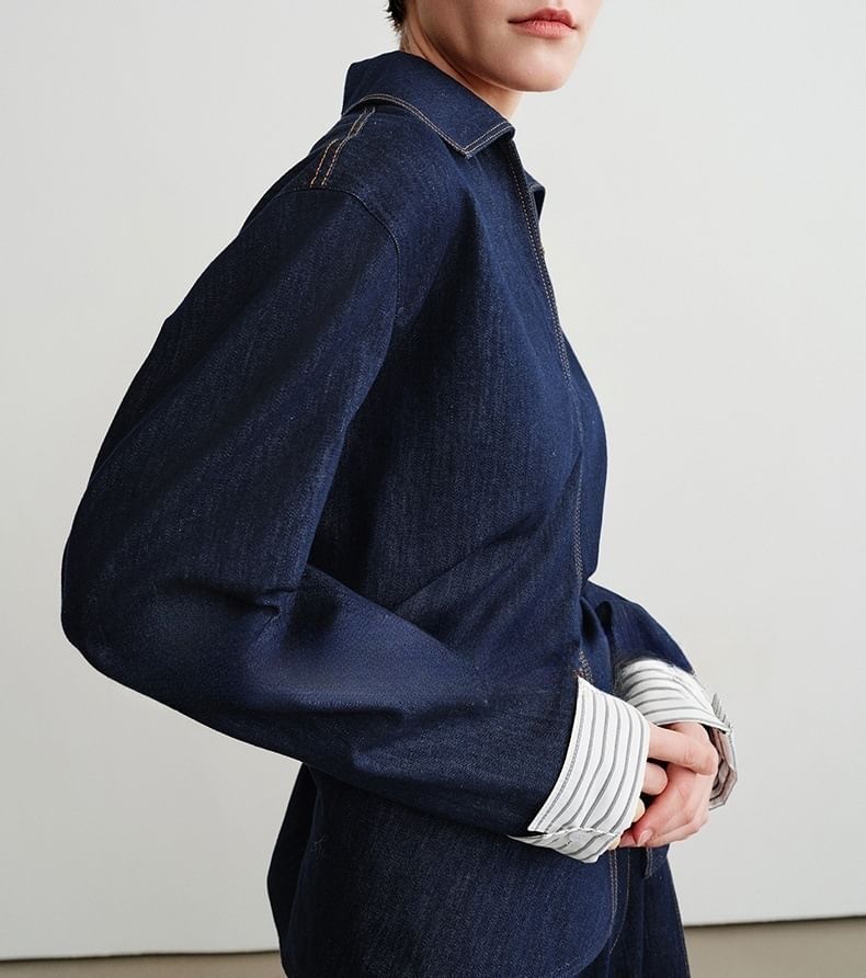 Denim Long-Sleeved Shirt / High-Rise Wide-Leg Jeans