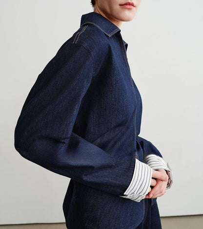 Denim Long-Sleeved Shirt / High-Rise Wide-Leg Jeans