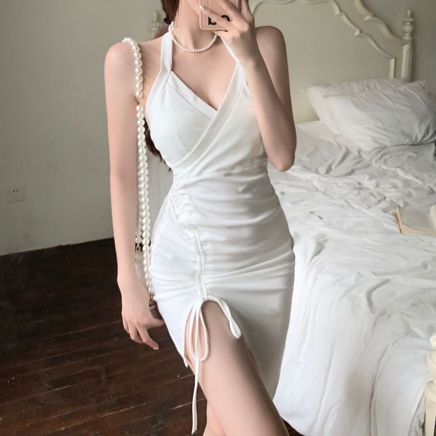 Mini Halter Ruched Sleeveless Dress