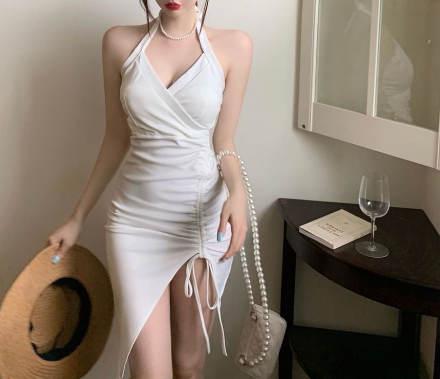 Mini Halter Ruched Sleeveless Dress