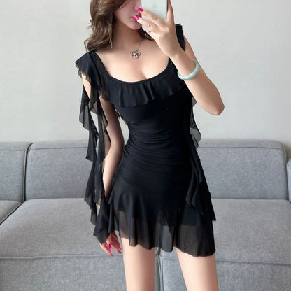 Mini Dress Butterfly Sleeve Ruffle Neckline