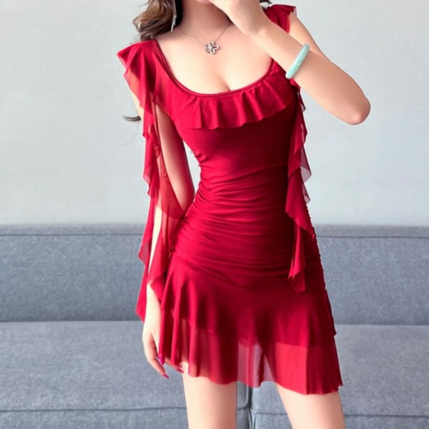Mini Dress Butterfly Sleeve Ruffle Neckline