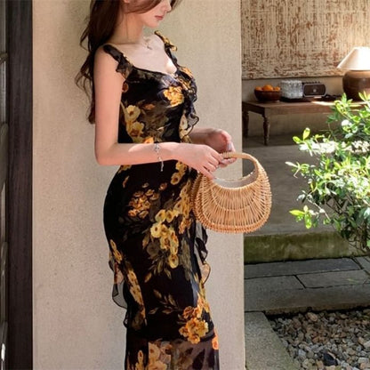 Floral Sleeveless Maxi Neck Dress Print Sweetheart