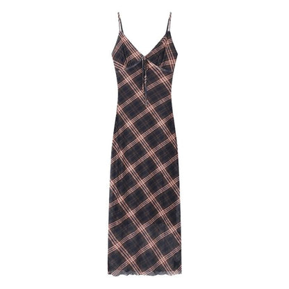 Maxi Sleeveless V-Neck Plaid Print Dress
