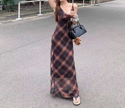 Maxi Sleeveless V-Neck Plaid Print Dress