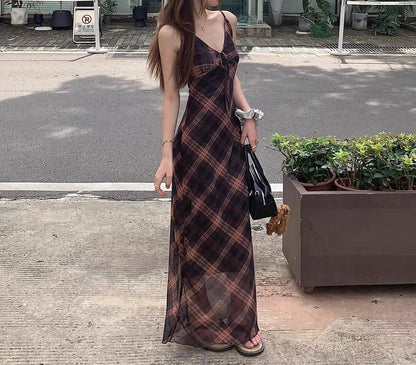 Maxi Sleeveless V-Neck Plaid Print Dress