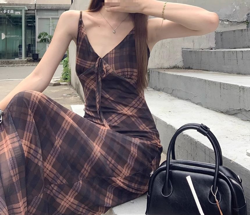 Maxi Sleeveless V-Neck Plaid Print Dress