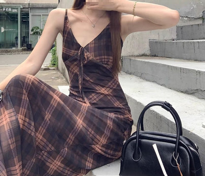 Maxi Sleeveless V-Neck Plaid Print Dress