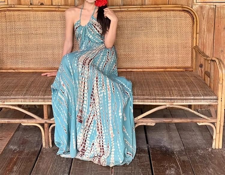 Sleeveless Neck Dress Printed Halter Maxi