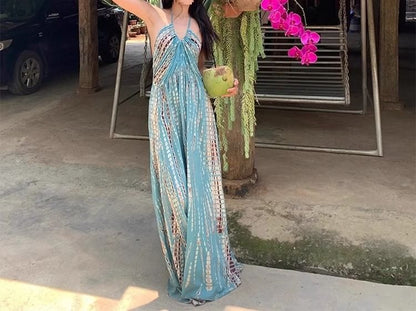 Sleeveless Neck Dress Printed Halter Maxi