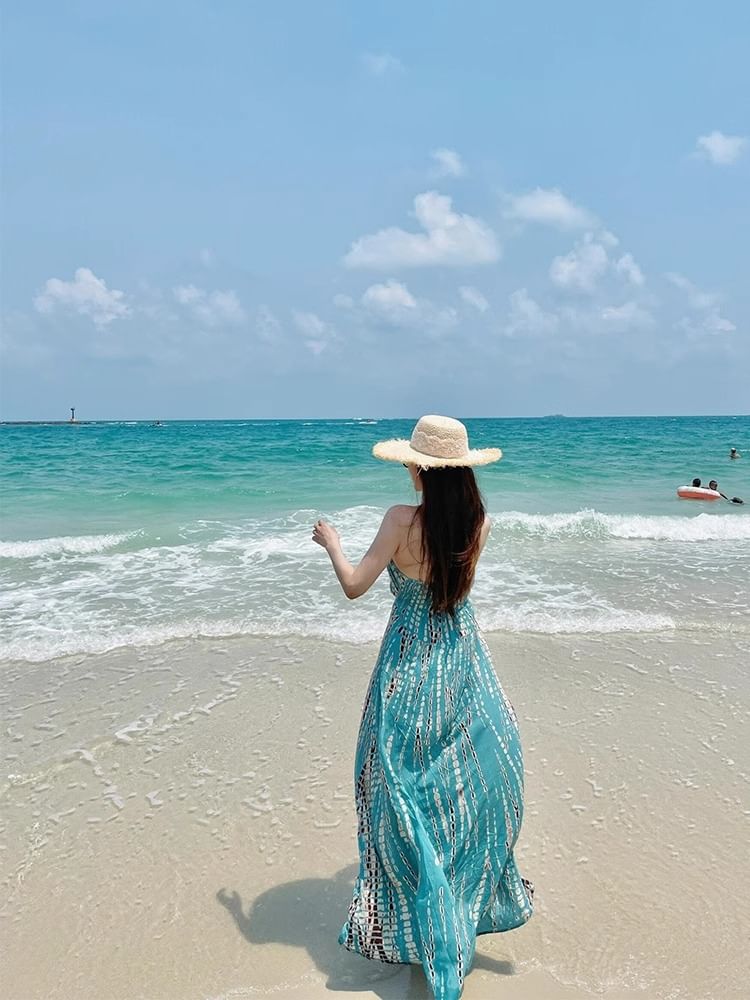 Sleeveless Neck Dress Printed Halter Maxi