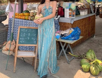 Sleeveless Neck Dress Printed Halter Maxi