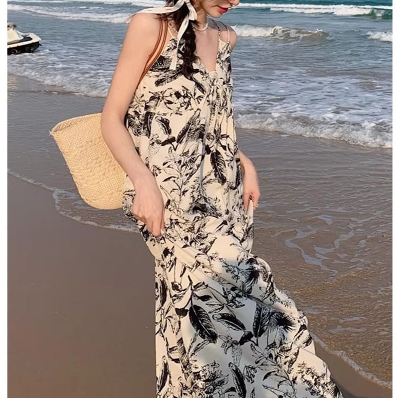 Maxi V-Neck Dress Spaghetti Floral Print Strap