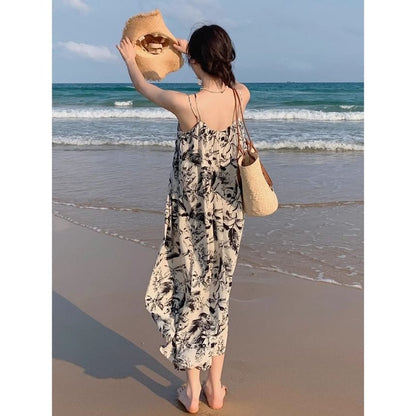 Maxi V-Neck Dress Spaghetti Floral Print Strap