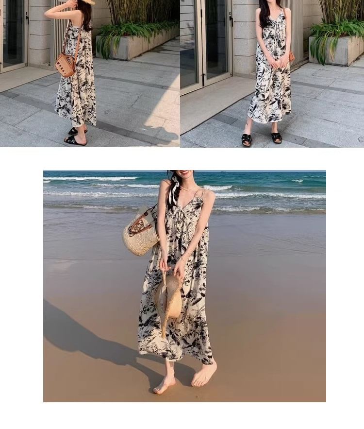 Maxi V-Neck Dress Spaghetti Floral Print Strap