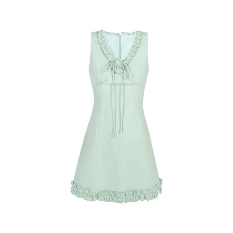 V-neck Trim Mini Dress Sleeveless Ruffle