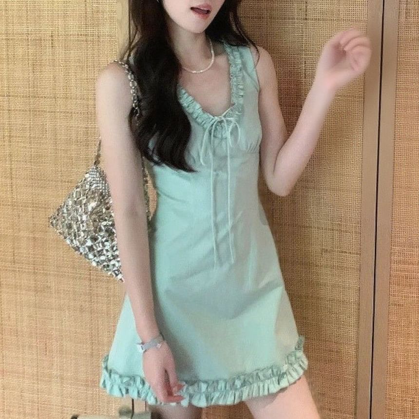 V-neck Trim Mini Dress Sleeveless Ruffle