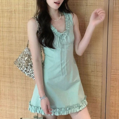 V-neck Trim Mini Dress Sleeveless Ruffle