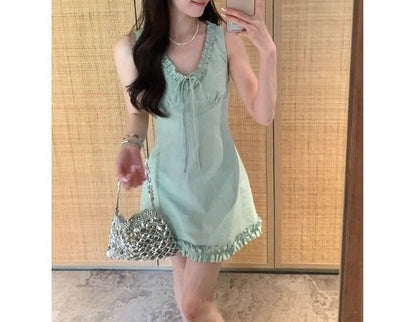 V-neck Trim Mini Dress Sleeveless Ruffle