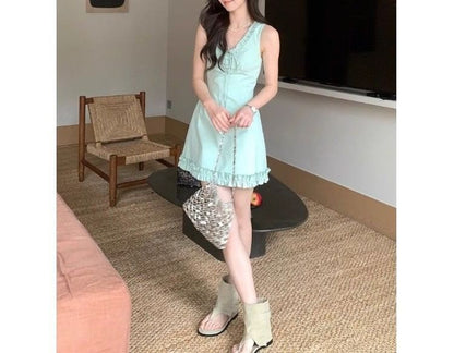 V-neck Trim Mini Dress Sleeveless Ruffle