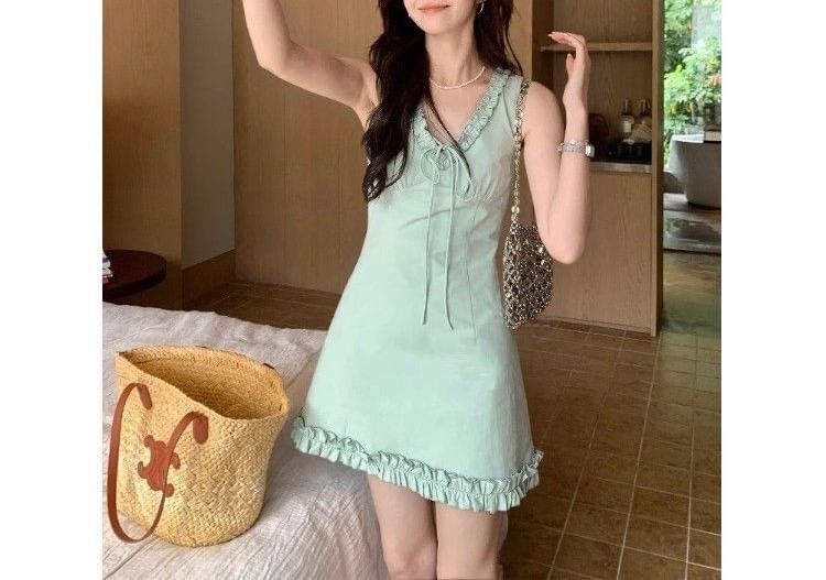 V-neck Trim Mini Dress Sleeveless Ruffle