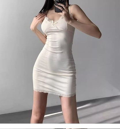 Spaghetti Plain Bodycon Mini Dress Trim Lace V-Neck Strap