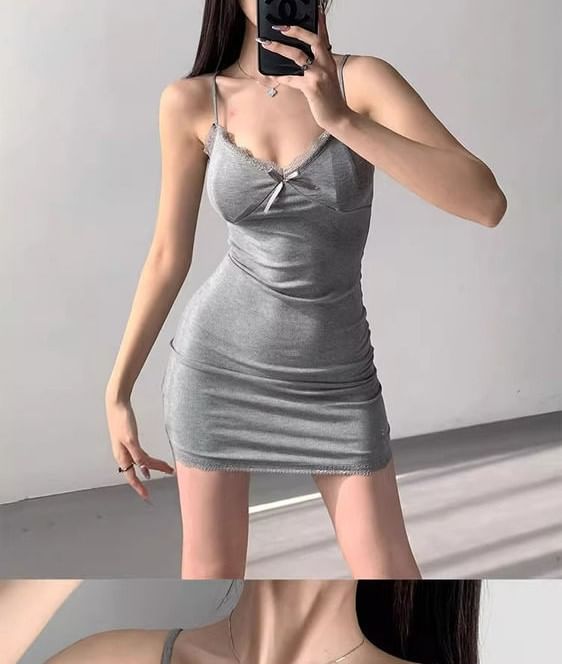 Spaghetti Plain Bodycon Mini Dress Trim Lace V-Neck Strap