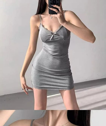 Spaghetti Plain Bodycon Mini Dress Trim Lace V-Neck Strap