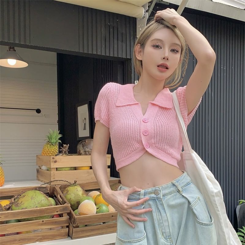 Plain Collared Crop Top Knit Short-Sleeve