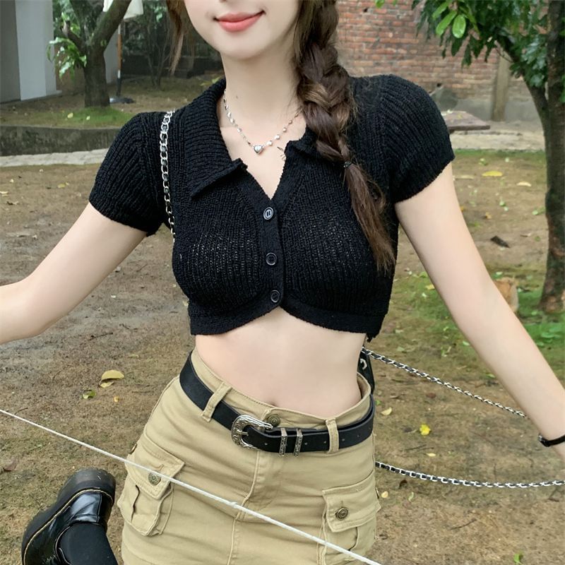 Plain Collared Crop Top Knit Short-Sleeve