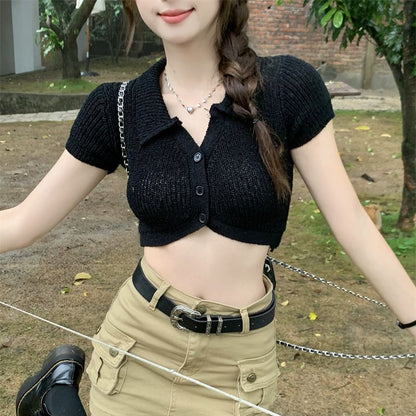 Plain Collared Crop Top Knit Short-Sleeve